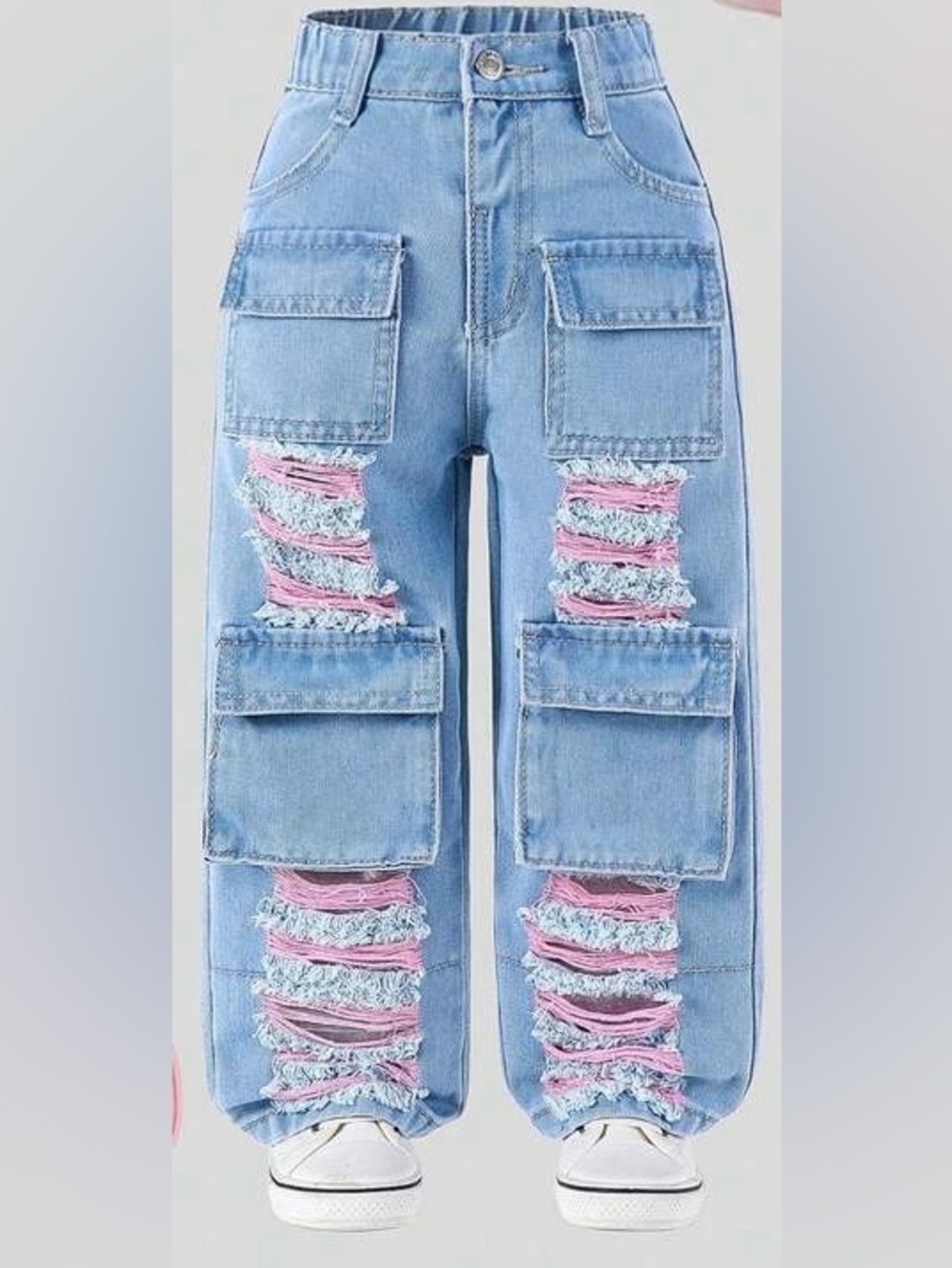 NWOT SHEIN Light Blue Cargo Ripped Jeans with Pink Underlay
